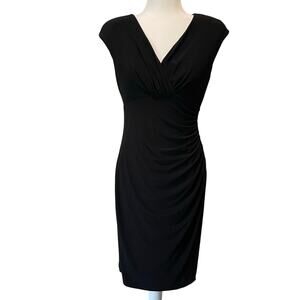 Lauren Ralph Lauren Faux Wrap Sheath Dress Black Ruched Sz 8 Cap Sleeves Career